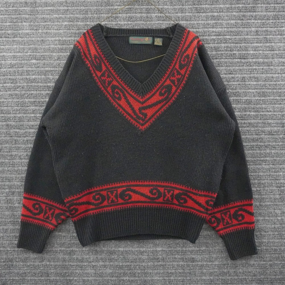 Vintage Hunting Horn V-Neck Sweater Mens M Black Red Intarsia Scroll Pattern